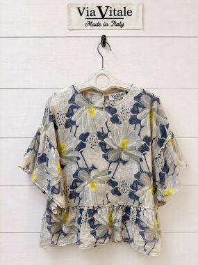 VIA VITALE Floral Linen Style Blouse White Blue Size L